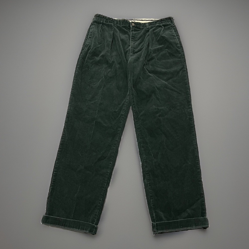 Vintage Polo Ralph Lauren Cords Mens Dark Green Pleated Chino Pants 36x32